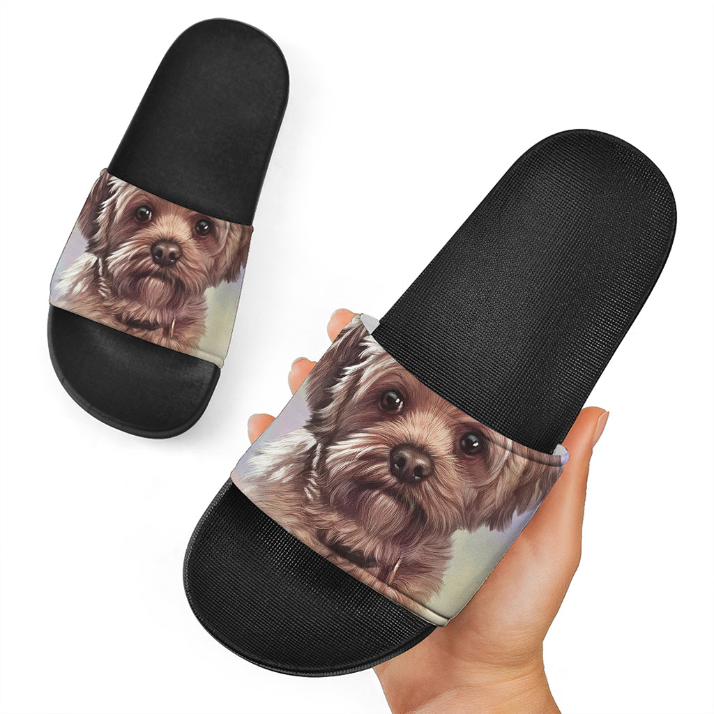 Yorkshire Terrier Portrait Print Black Slide Sandals