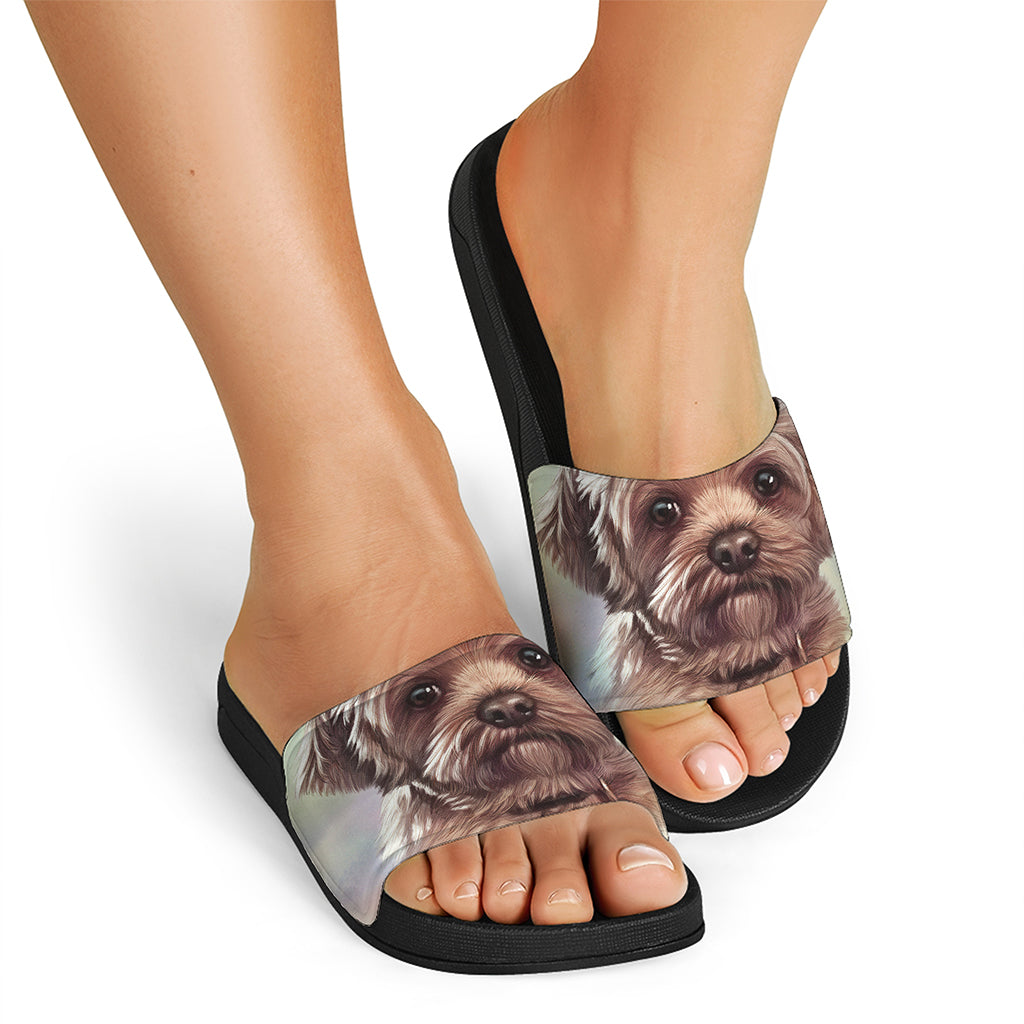 Yorkshire Terrier Portrait Print Black Slide Sandals