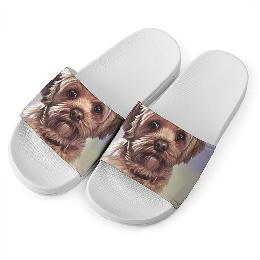 Yorkshire Terrier Portrait Print White Slide Sandals