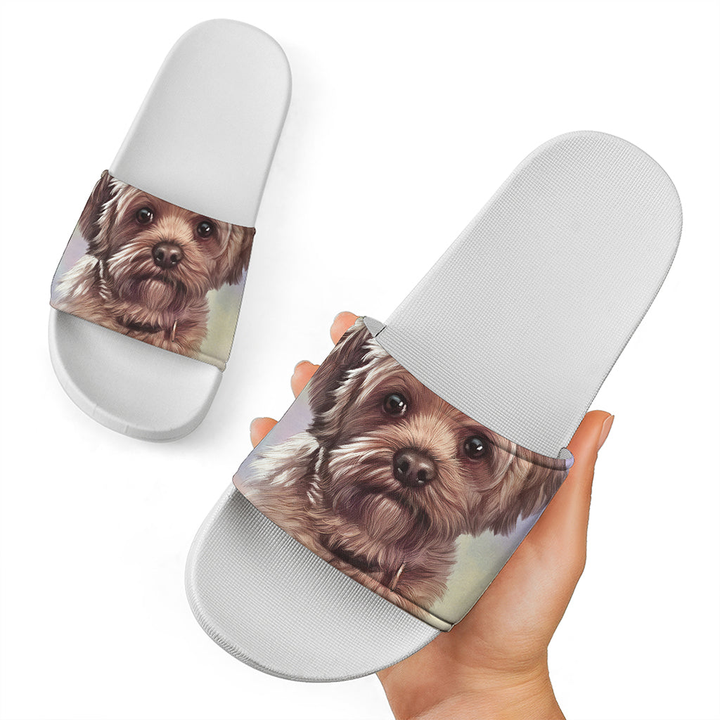 Yorkshire Terrier Portrait Print White Slide Sandals