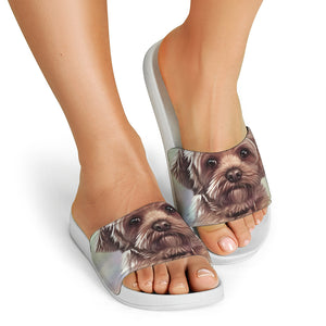 Yorkshire Terrier Portrait Print White Slide Sandals
