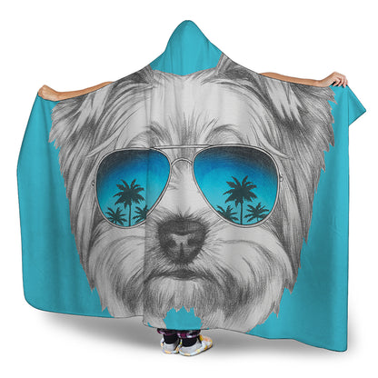 Yorkshire Terrier With Sunglasses Print Hooded Blanket