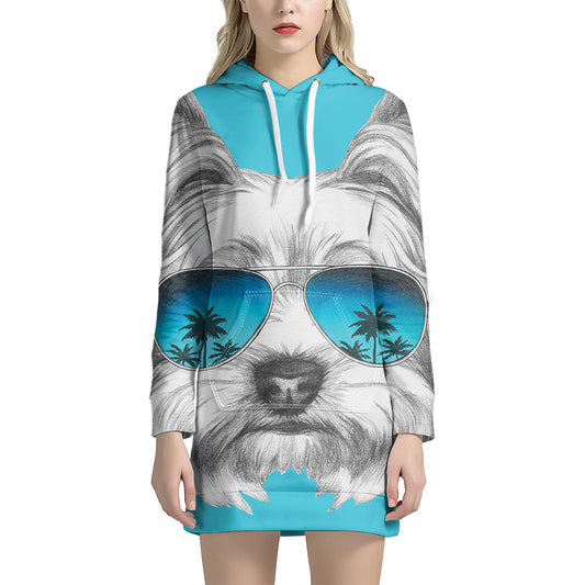 Yorkshire Terrier With Sunglasses Print Pullover Hoodie Dress