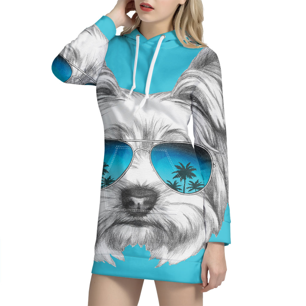 Yorkshire Terrier With Sunglasses Print Pullover Hoodie Dress