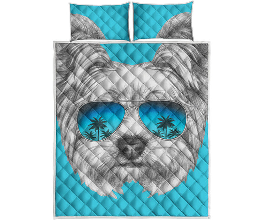 Yorkshire Terrier With Sunglasses Print Quilt Bed Set