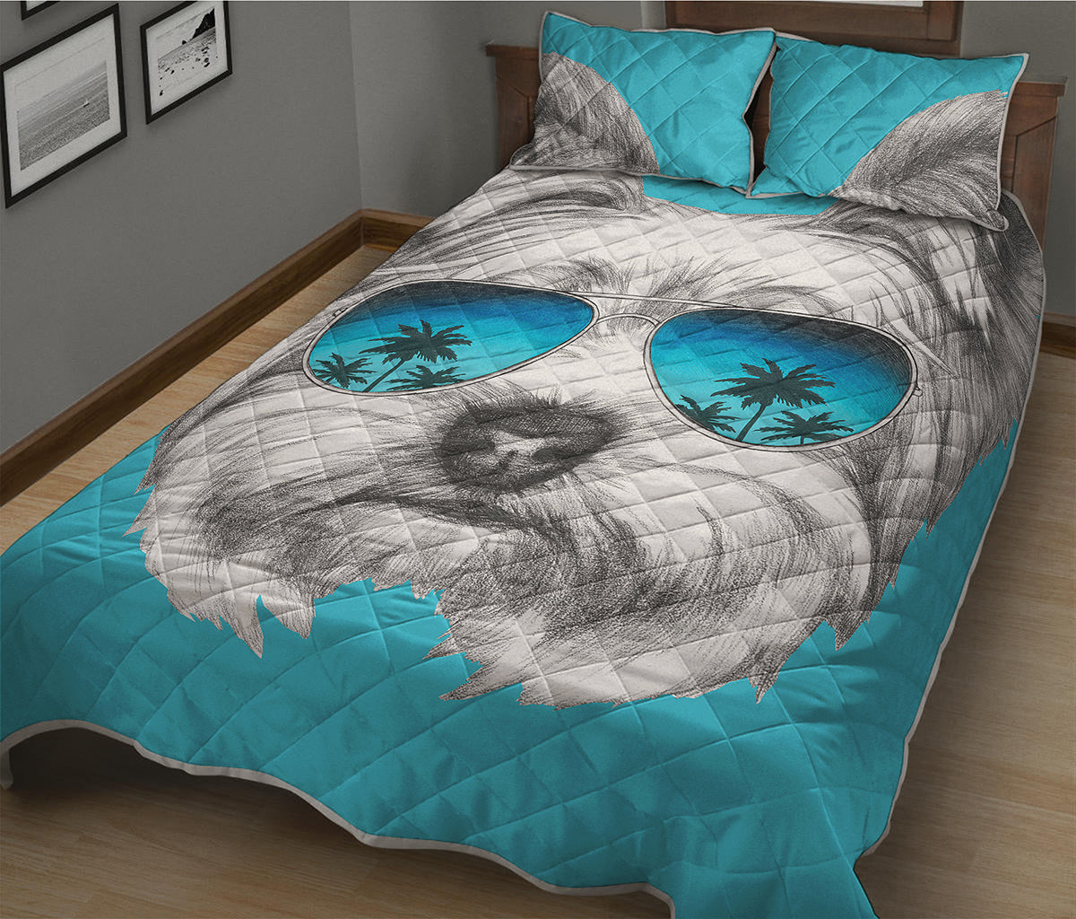 Yorkshire Terrier With Sunglasses Print Quilt Bed Set