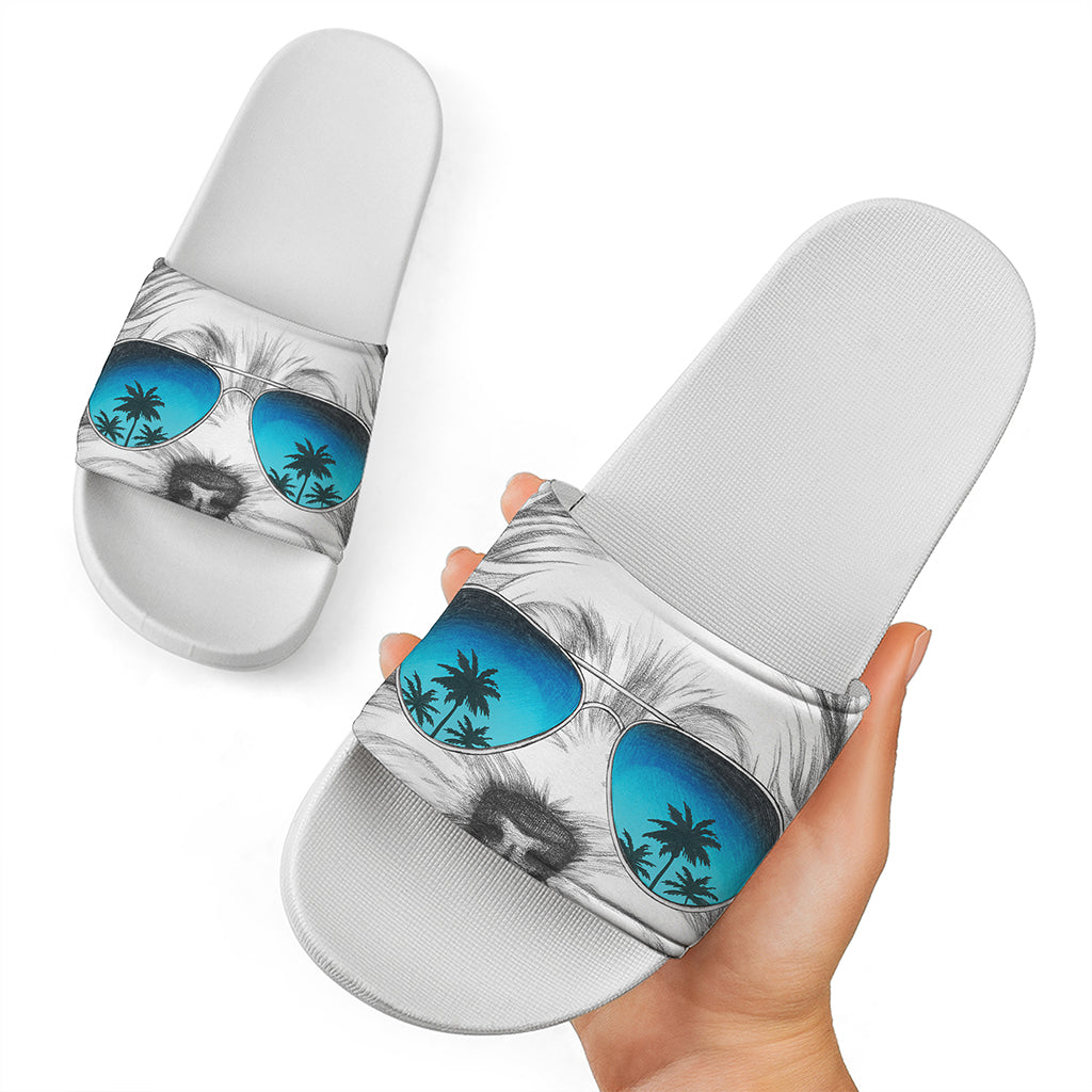 Yorkshire Terrier With Sunglasses Print White Slide Sandals