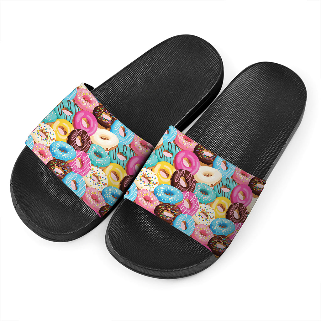 Yummy Donut Pattern Print Black Slide Sandals