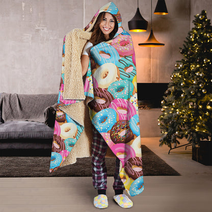Yummy Donut Pattern Print Hooded Blanket