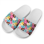 Yummy Donut Pattern Print White Slide Sandals