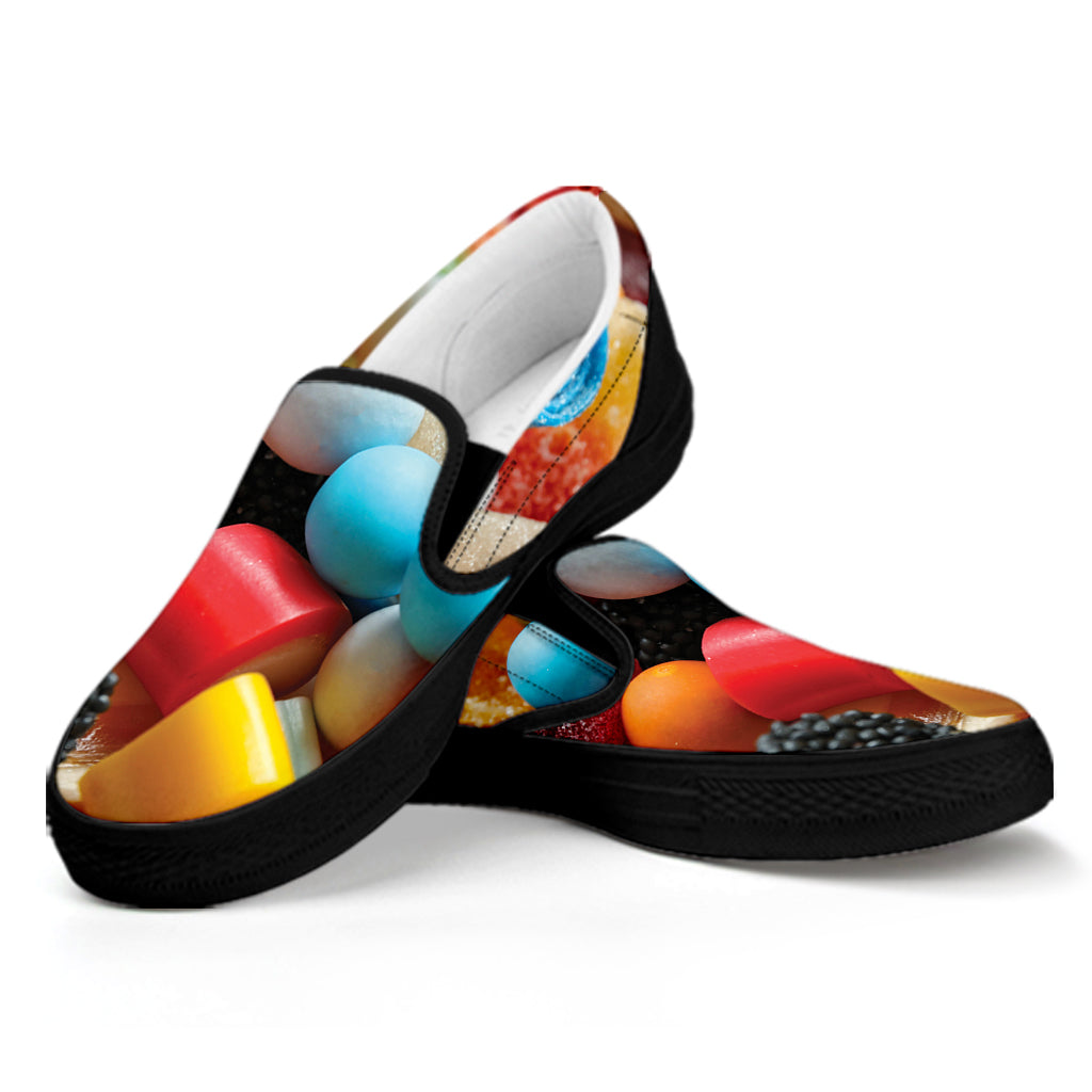 Yummy Gummy Print Black Slip On Shoes