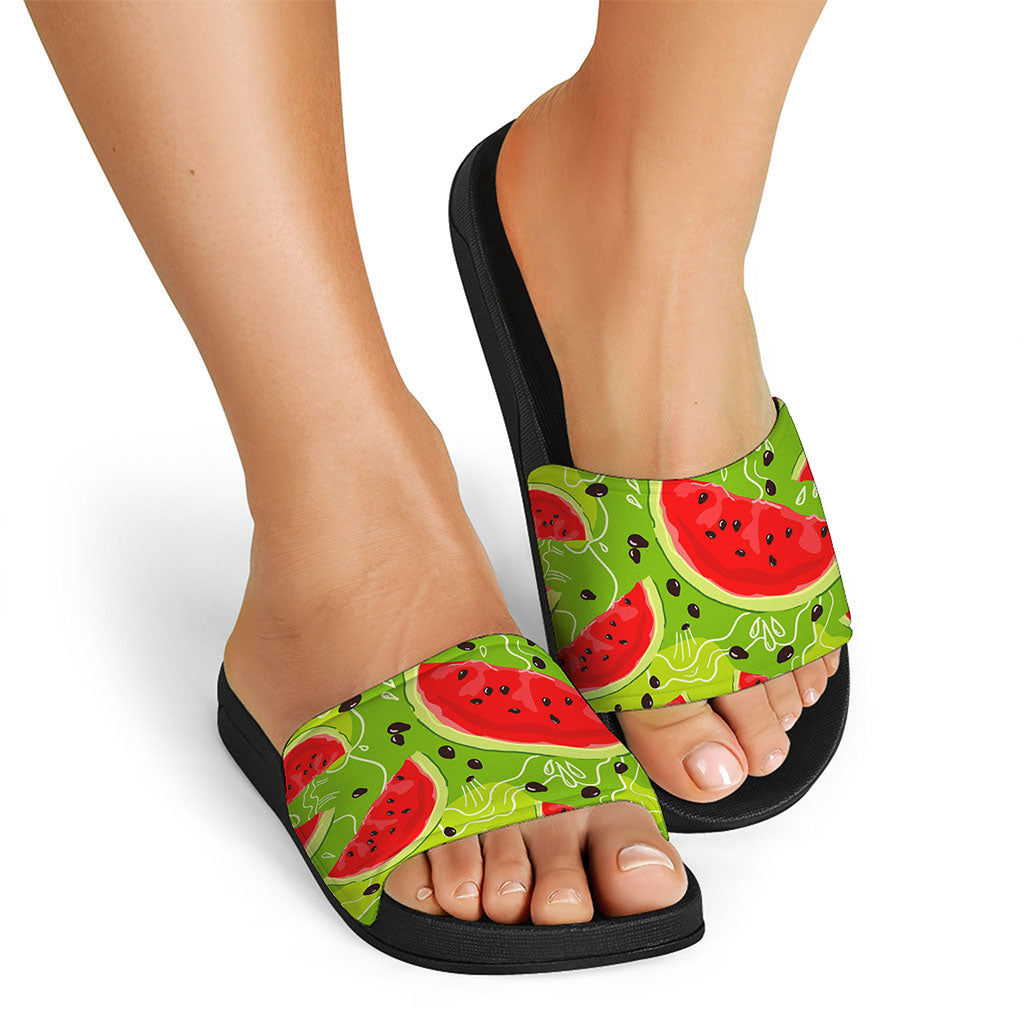 Yummy Watermelon Pieces Pattern Print Black Slide Sandals