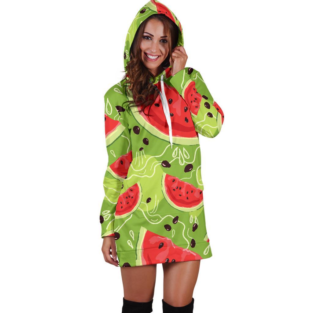 Yummy Watermelon Pieces Pattern Print Hoodie Dress GearFrost