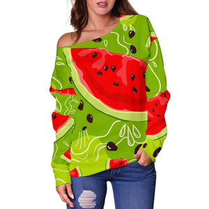 Yummy Watermelon Pieces Pattern Print Off Shoulder Sweatshirt GearFrost