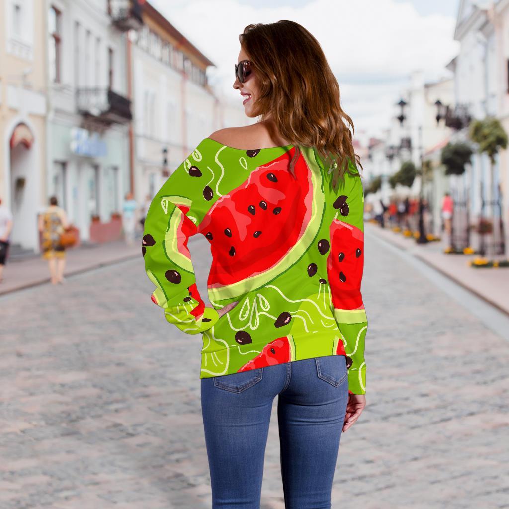 Yummy Watermelon Pieces Pattern Print Off Shoulder Sweatshirt GearFrost