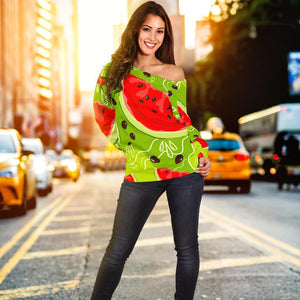 Yummy Watermelon Pieces Pattern Print Off Shoulder Sweatshirt GearFrost