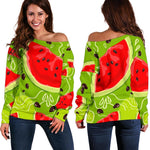 Yummy Watermelon Pieces Pattern Print Off Shoulder Sweatshirt GearFrost