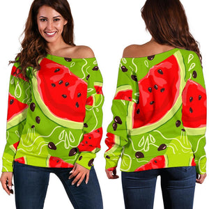 Yummy Watermelon Pieces Pattern Print Off Shoulder Sweatshirt GearFrost