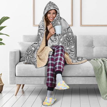 Zentangle Floral Pattern Print Hooded Blanket