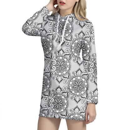 Zentangle Floral Pattern Print Hoodie Dress