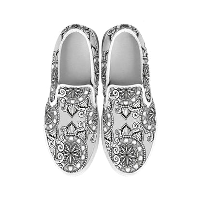 Zentangle Floral Pattern Print White Slip On Shoes