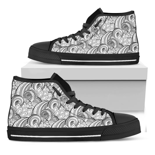 Zentangle Flower Pattern Print Black High Top Shoes