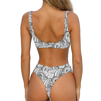Zentangle Flower Pattern Print Front Bow Tie Bikini