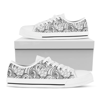 Zentangle Flower Pattern Print White Low Top Shoes