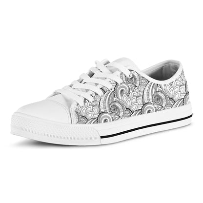 Zentangle Flower Pattern Print White Low Top Shoes