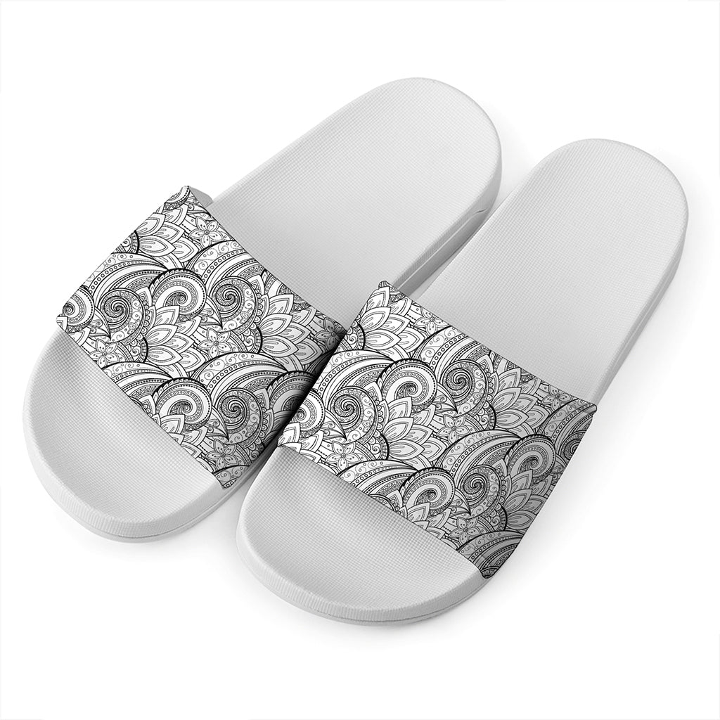 Zentangle Flower Pattern Print White Slide Sandals
