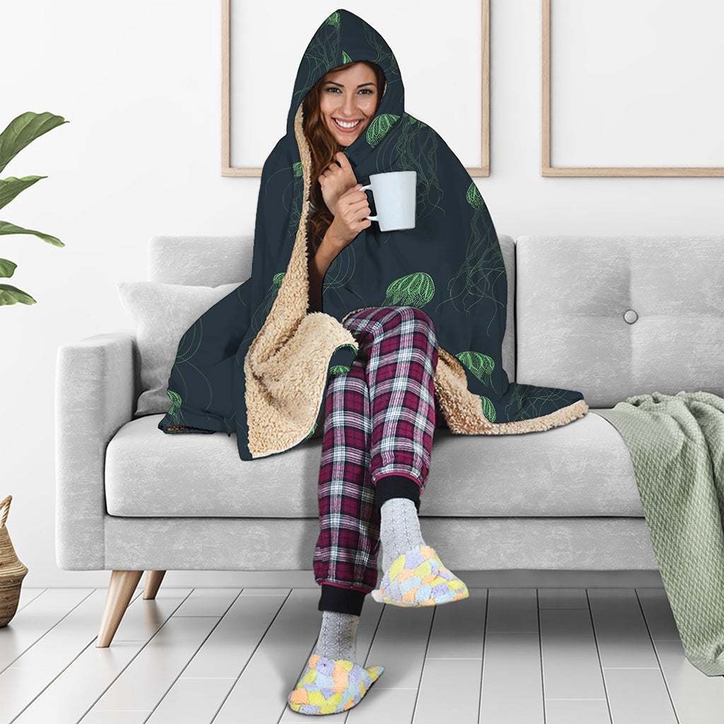 Zentangle Jellyfish Pattern Print Hooded Blanket