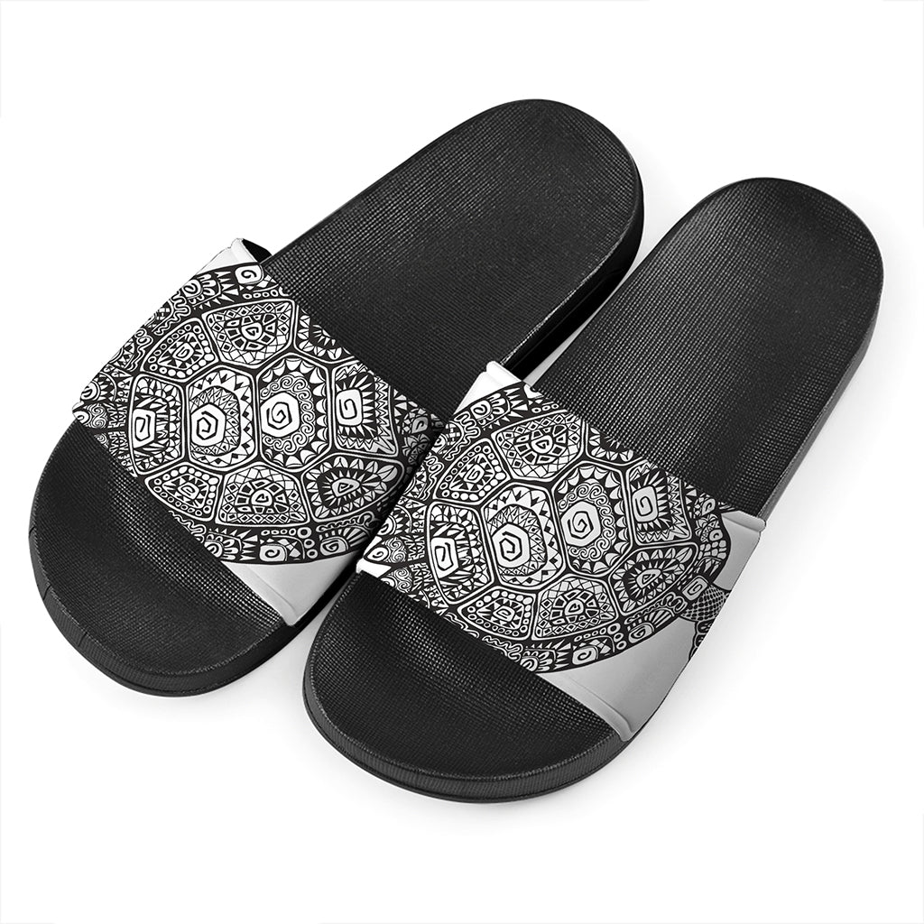 Zentangle Sea Turtle Print Black Slide Sandals