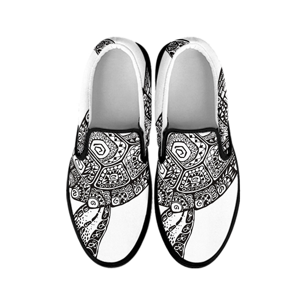 Zentangle Sea Turtle Print Black Slip On Shoes