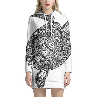 Zentangle Sea Turtle Print Pullover Hoodie Dress