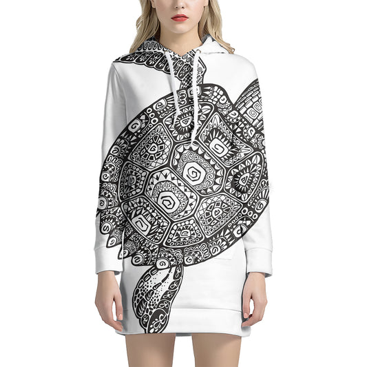 Zentangle Sea Turtle Print Pullover Hoodie Dress