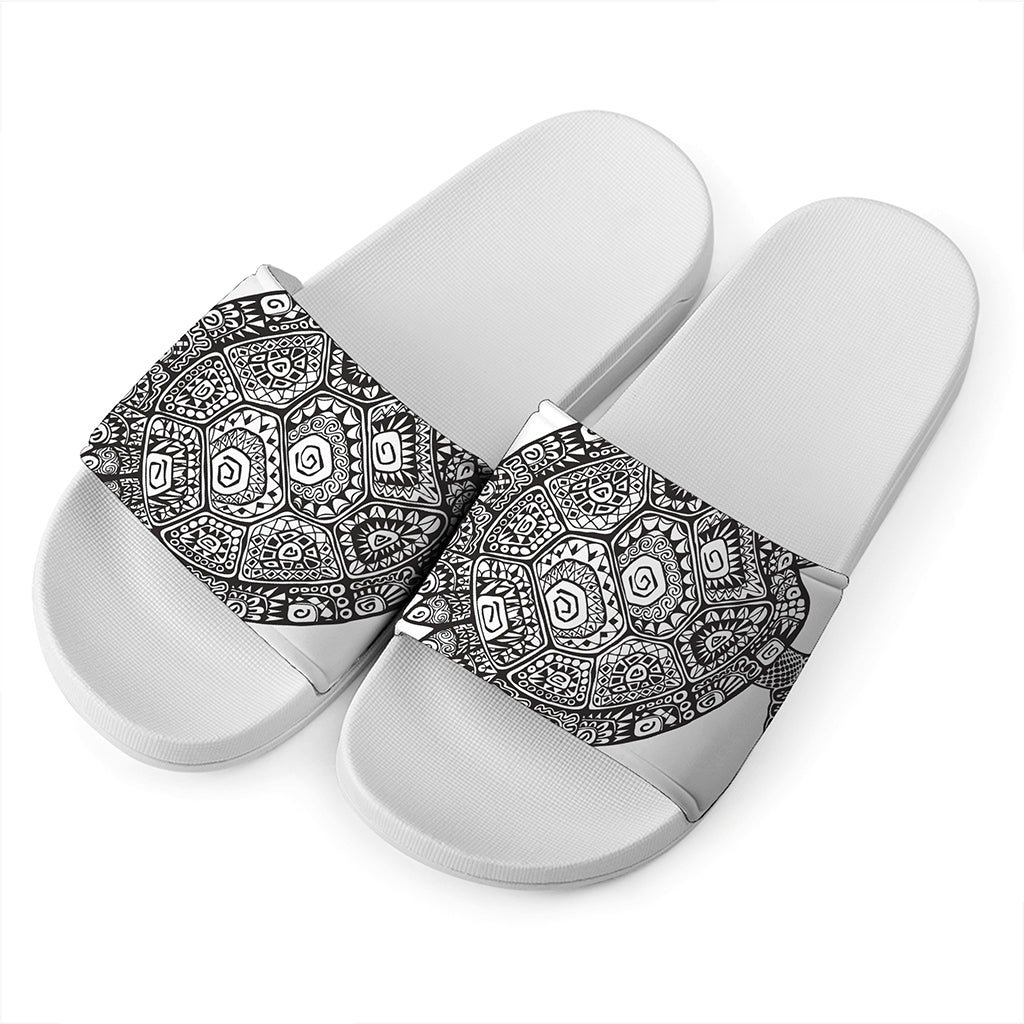 Zentangle Sea Turtle Print White Slide Sandals