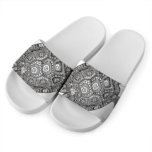 Zentangle Sea Turtle Print White Slide Sandals