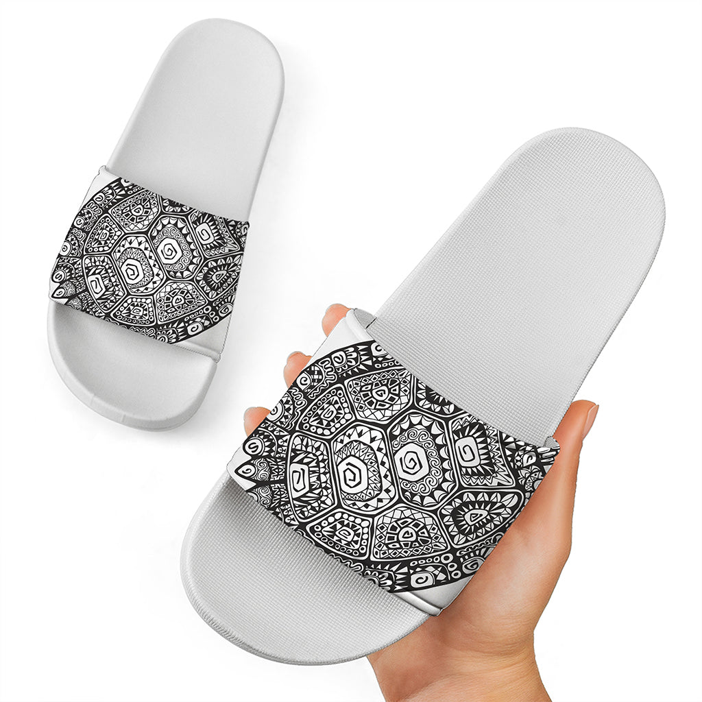 Zentangle Sea Turtle Print White Slide Sandals