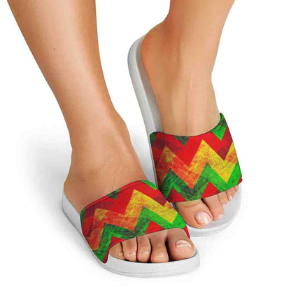 Zig Zag Reggae Pattern Print White Slide Sandals