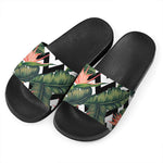 Zig Zag Tropical Pattern Print Black Slide Sandals