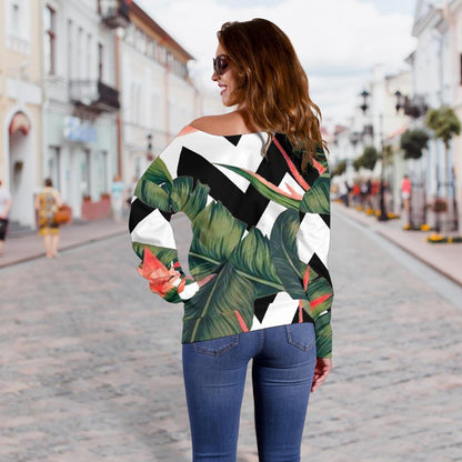 Zig Zag Tropical Pattern Print Off Shoulder Sweatshirt GearFrost