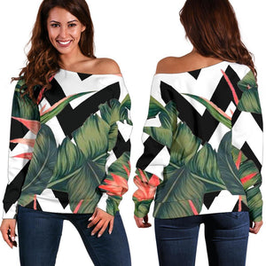 Zig Zag Tropical Pattern Print Off Shoulder Sweatshirt GearFrost