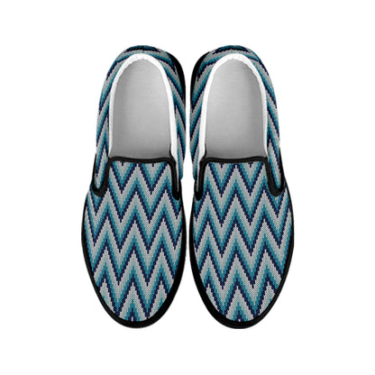 Zigzag Knitted Pattern Print Black Slip On Shoes
