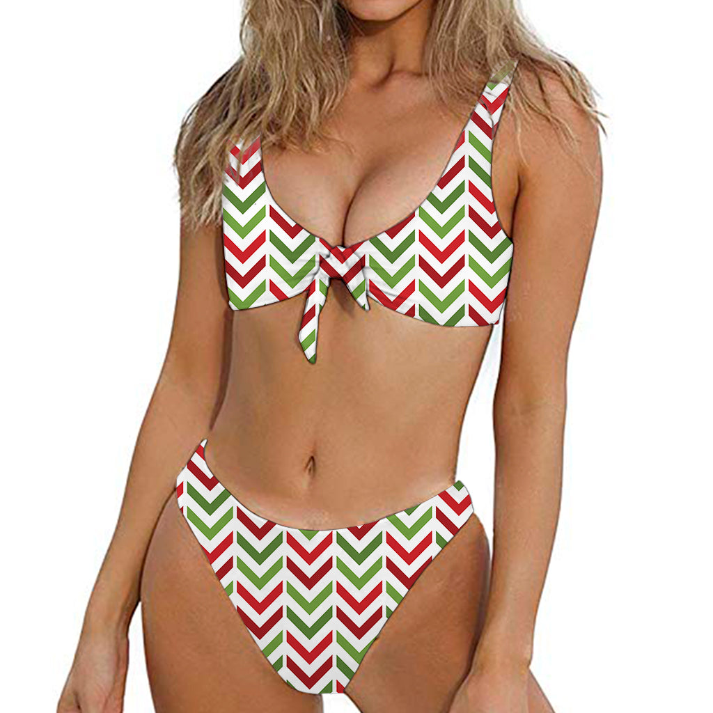 Zigzag Merry Christmas Pattern Print Front Bow Tie Bikini