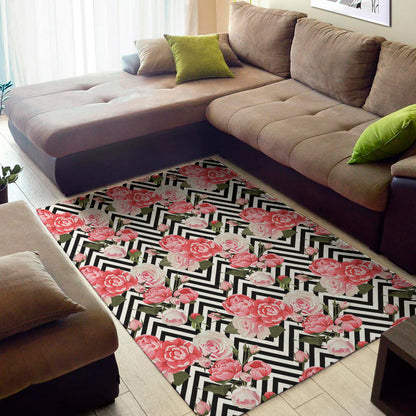 Zigzag Peony And Rose Pattern Print Area Rug