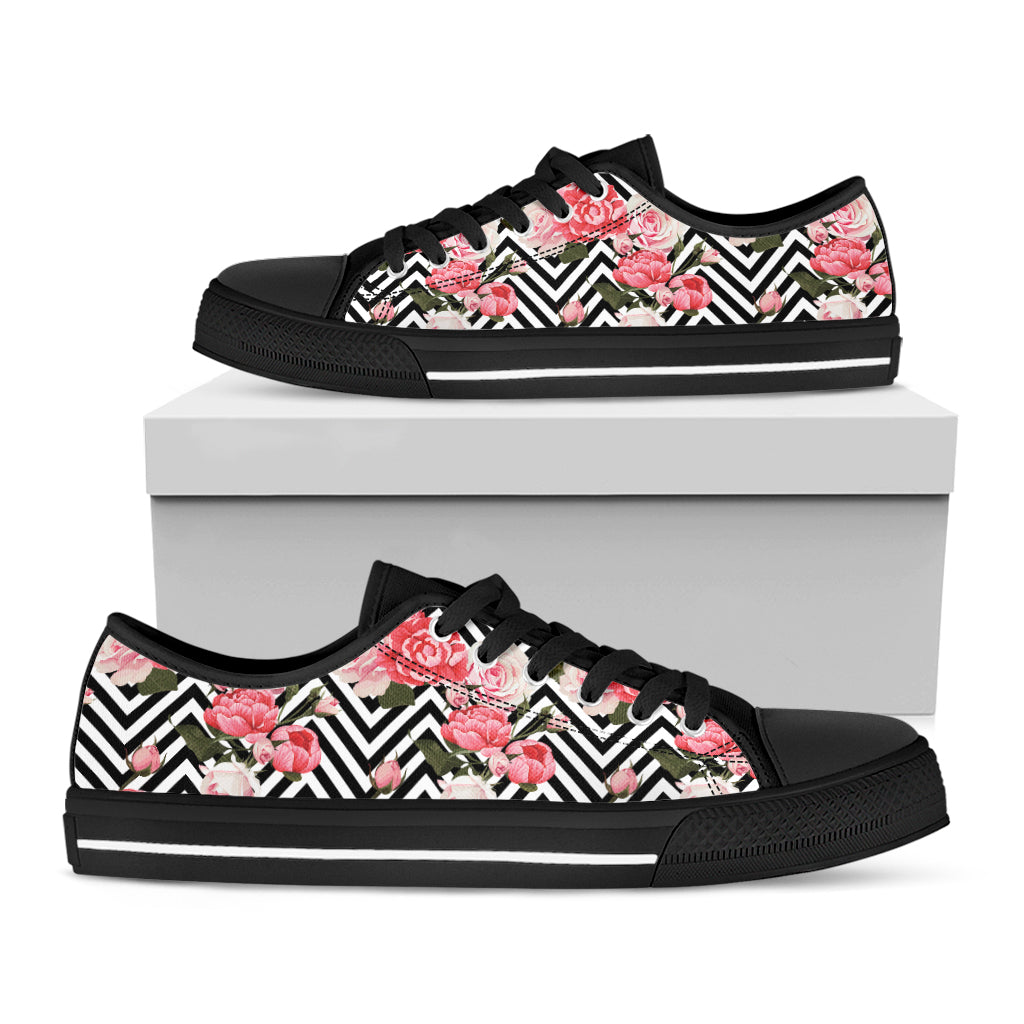 Zigzag Peony And Rose Pattern Print Black Low Top Shoes