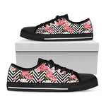 Zigzag Peony And Rose Pattern Print Black Low Top Shoes
