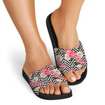 Zigzag Peony And Rose Pattern Print Black Slide Sandals