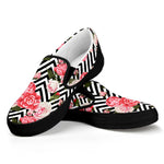 Zigzag Peony And Rose Pattern Print Black Slip On Shoes