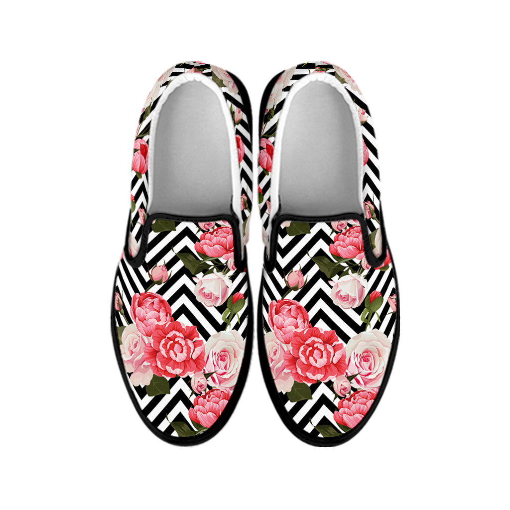 Zigzag Peony And Rose Pattern Print Black Slip On Shoes